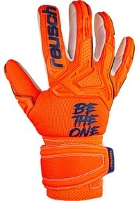 Reusch målvaktshandske i livlig orange med texturerat grepp, blå detaljer och handledsrem. Har "BE THE ONE" broderad detalj.