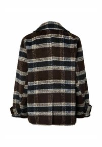 Giacca di lana a quadri marrone con una finitura testurizzata. Presenta un yoke anteriore e posteriore, maniche arrotolate e un orlo dritto.