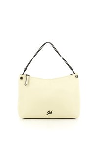 Borsa a mano in pelle color crema con manici neri, design minimalista, chiusura con zip e piccolo dettaglio in metallo argento. Logo impresso sulla parte frontale.