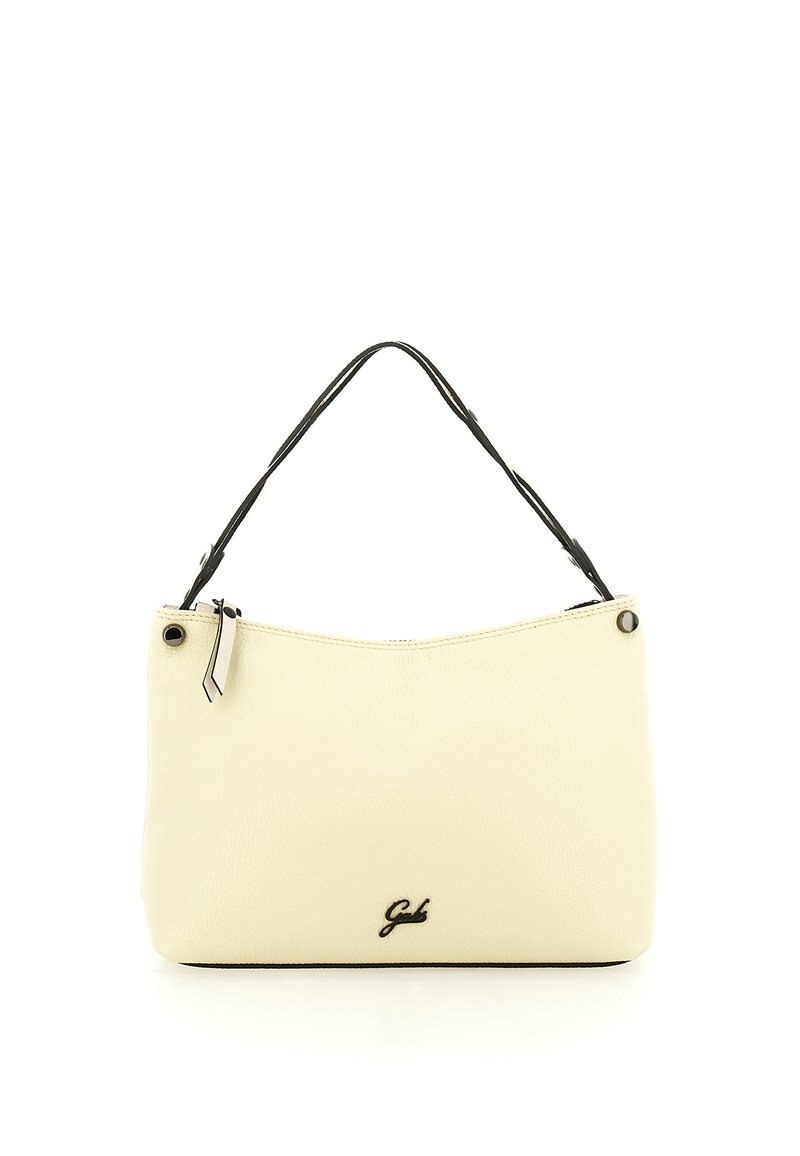 Borsa a mano in pelle color crema con manici neri, design minimalista, chiusura con zip e piccolo dettaglio in metallo argento. Logo impresso sulla parte frontale.