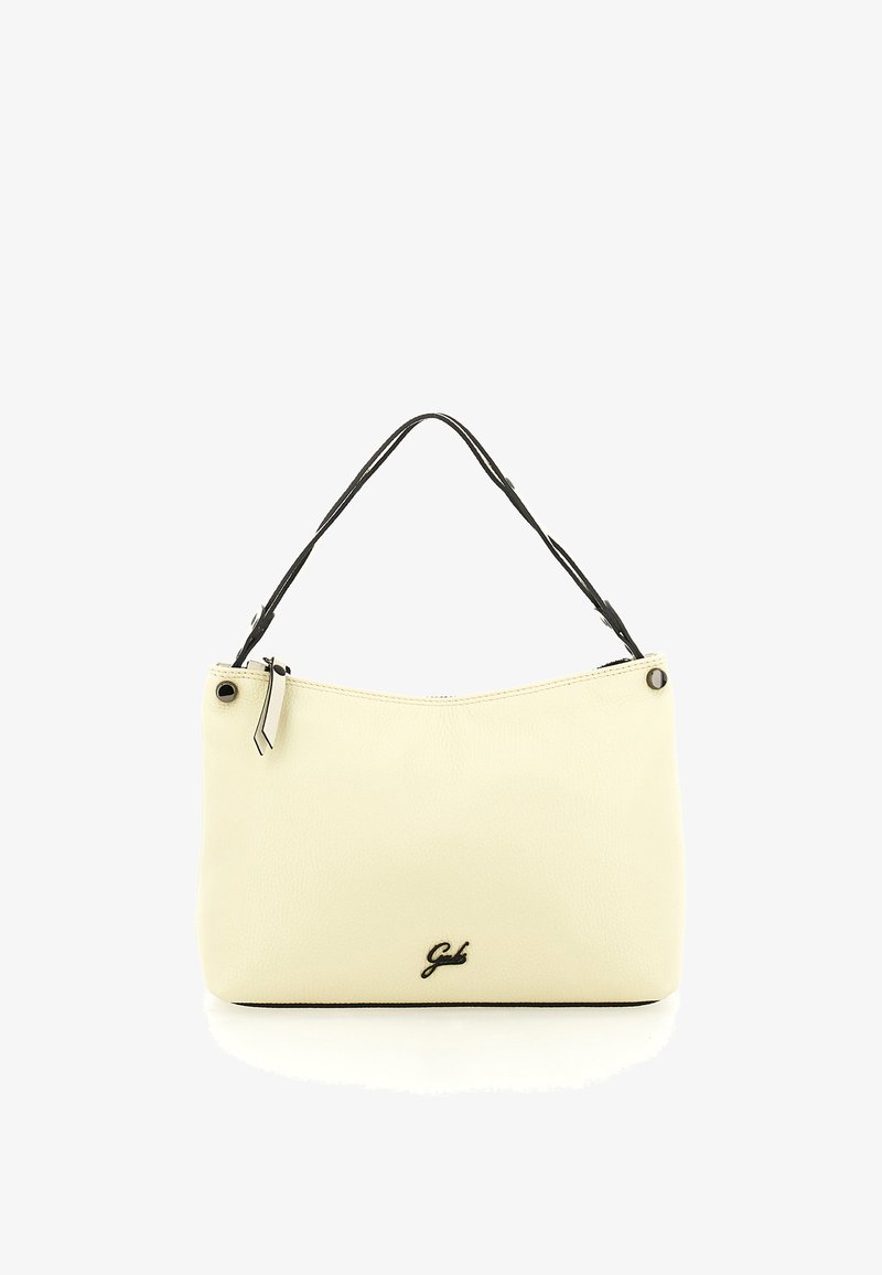 Borsa a mano in pelle color crema con manici neri, design minimalista, chiusura con zip e piccolo dettaglio in metallo argento. Logo impresso sulla parte frontale.