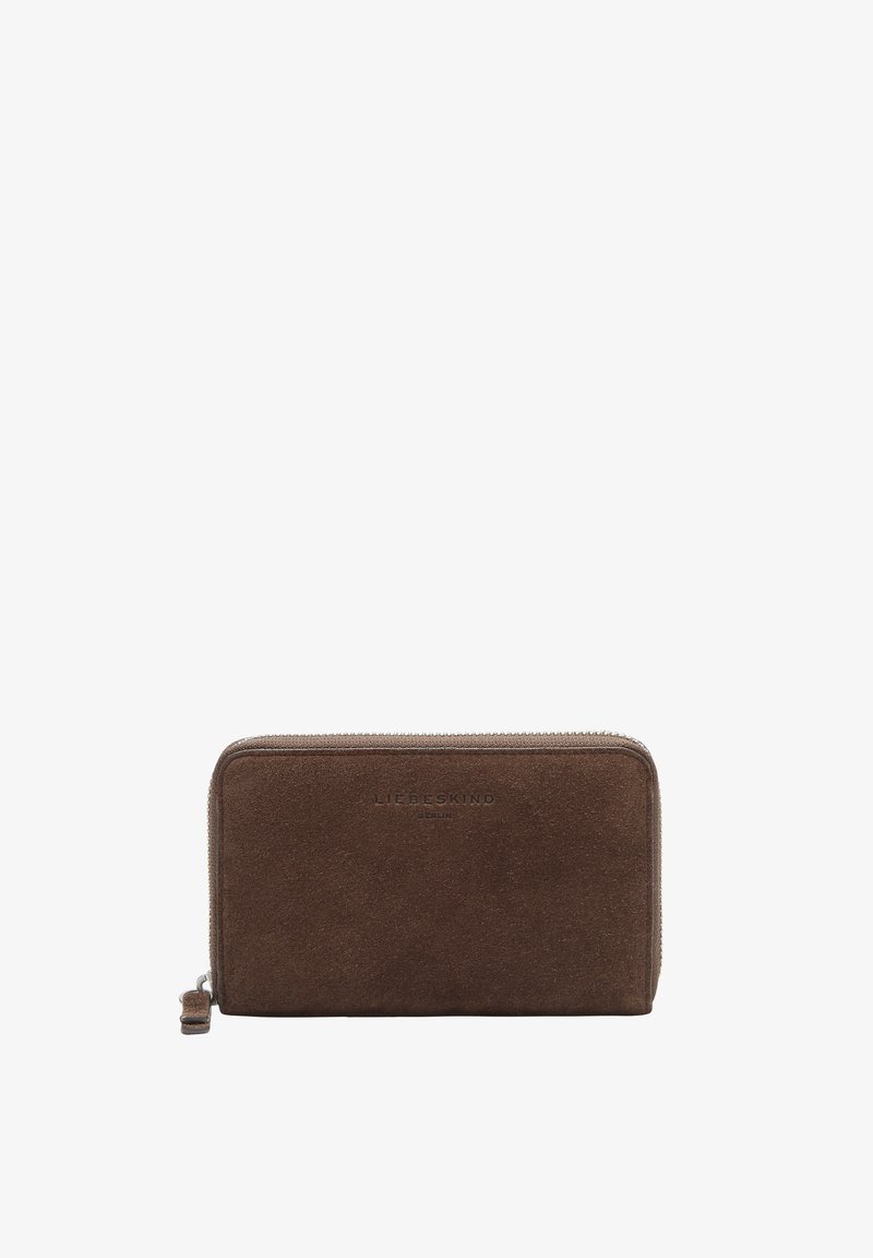 Brązowy portfel ze skóry zamszowej z zamknięciem na zamek, charakteryzujący się eleganckim designem i wytłoczonym logo "LIEBESKIND BERLIN" z przodu.