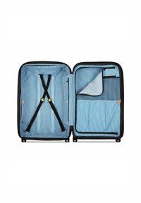 Valigia rigida nera con interno a strisce blu, dotata di cinturini regolabili, tasca in rete e scomparto con zip per un'organizzazione ottimale.