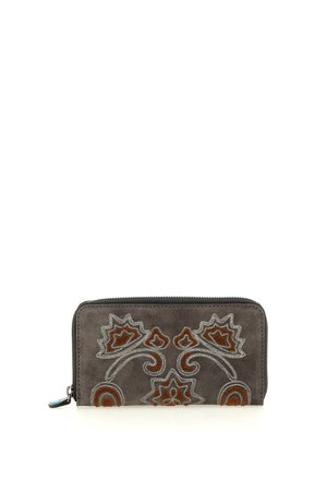 Portafoglio rettangolare in camoscio grigio scuro con ricamo floreale marrone e bianco e zip nera con cursore turchese.