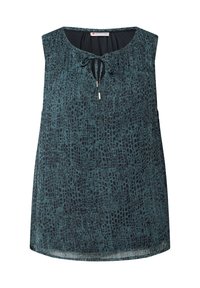 Sleeveless top in teal with a textured, crocodile pattern. Features a round neckline and drawstring with metallic accents. Lightweight fabric.