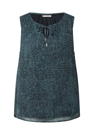 Top sin mangas en azul verdoso con un patrón texturizado de cocodrilo. Presenta un escote redondo y un cordón con acentos metálicos. Tejido ligero.