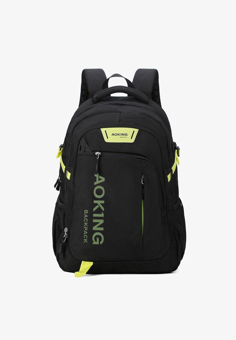 Zaino nero con accenti gialli, realizzato in tessuto resistente. Presenta più scomparti, cerniere e spallacci imbottiti.