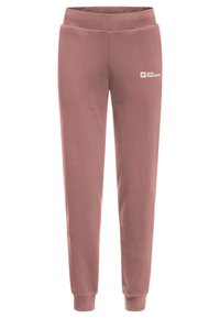Rose-colored fleece joggers with elastic waistband and ankle cuffs, featuring a white Jack Wolfskin logo on the upper thigh.