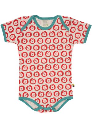 Body a maniche corte in morbido cotone, con un motivo ripetuto di volti di leoni rossi su fondo crema, con rifiniture teal e chiusura a pressione.