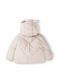 Padded pink jacket with a hood featuring bear ears, quilted design, elastic cuffs, and a smooth, glossy texture.