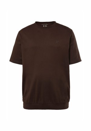 Sweatshirt marron à manches courtes, fabriqué en matériau doux, avec un col rond et un ourlet côtelé, arborant un petit logo en relief sur la poitrine.