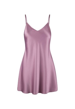 Robe sans manches à décolleté en V en satin violet clair, avec une silhouette évasée en A et des bretelles réglables, présentant une texture lisse et brillante.