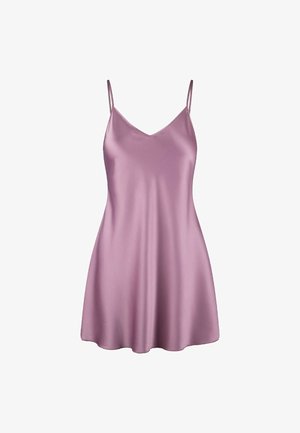 V-hals uden ærmer kjole i lyse lilla satin, med en svajende A-linje silhuet og justerbare stropper, der har en glat, skinnende tekstur.