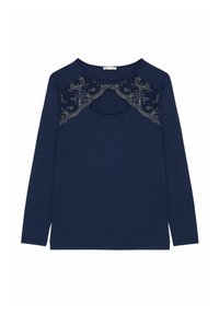 Námořnická modrá halenka s dlouhým rukávem a kulatým výstřihem, která má krajkový design na hrudi a detail ve tvaru klíčové dírky. Měkký povrch materiálu.