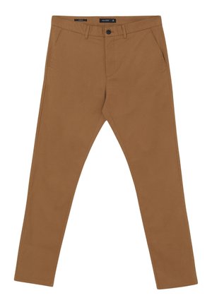 Chino in cotone marrone con design a gamba dritta, due tasche frontali e chiusura con bottone. Nessun motivo visibile o accenti notevoli.