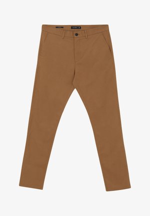 Braune Baumwollchinos mit geradem Bein, zwei Fronttaschen und Knopfverschluss. Keine sichtbaren Muster oder bemerkenswerten Akzente.