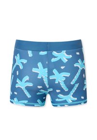 Modré plavkové kraťasy se vzorem palmových stromů v světle modré a bílé barvě. Vyrobeny z elastického materiálu s těsným střihem a elastickým pasem.