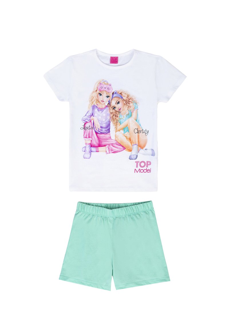 T-shirt bianco con grafica colorata di due ragazze, abbinato a pantaloni corti verde menta. Maniche corte e materiale in cotone morbido.