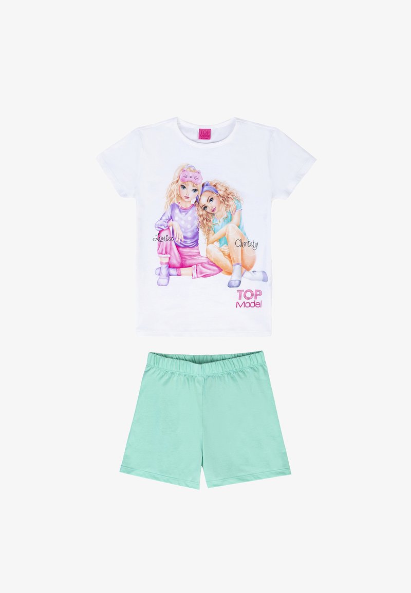 White T-shirt with colorful graphic of two girls, paired with mint green shorts. Short sleeves and soft cotton material.