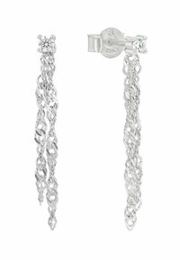 Pendientes de cadena de plata que presentan un diseño de botón con una gema clara y cadenas enlazadas en cascada para aportar textura y movimiento.