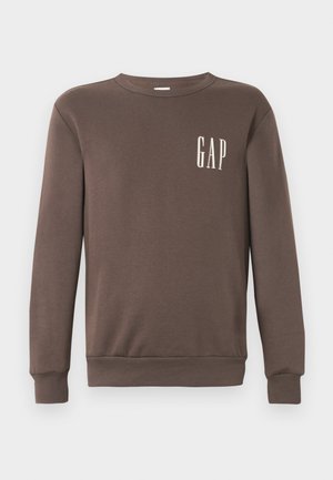 Sweatshirt din bumbac maro, cu mâneci lungi, guler rotund și un mic logo alb "GAP" pe partea stângă a pieptului.