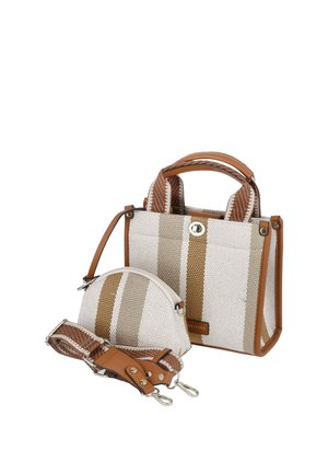 Kleine beige und braun gestreifte Handtasche mit passender abgerundeter Tasche und abnehmbarem Schulterriemen, mit Lederakzenten und Metallverschlüssen.