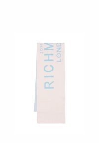 Sciarpa in tessuto beige chiaro, con testo audace in azzurro chiaro "JOHN RICHMOND LONDON." Texture liscia con forma rettangolare.