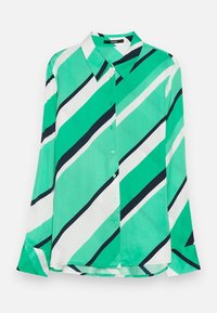 Chemise à manches longues avec boutons, rayures diagonales vertes, blanches et noires, col et ourlet droit.