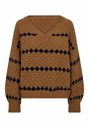 Hnedý pletený sveter s výstrihom do V, čiernymi horizontálnymi diamantovými vzormi a dlhými nafúknutými rukávmi s rebrovanými manžetami a lemom.