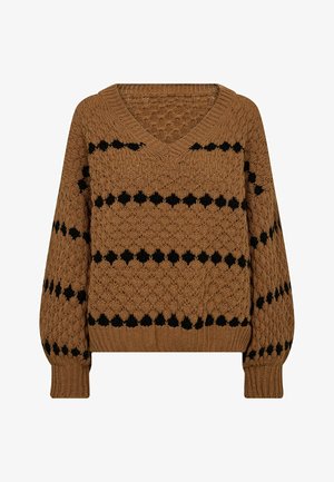 Hnedý pletený sveter s výstrihom do V, čiernymi horizontálnymi diamantovými vzormi a dlhými nafúknutými rukávmi s rebrovanými manžetami a lemom.