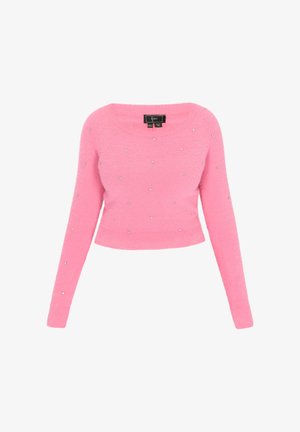 Rózsaszín puha, hosszúujjú, cropped pulóver kis szórt ezüst szegecsekkel és kerek nyakkivágással.