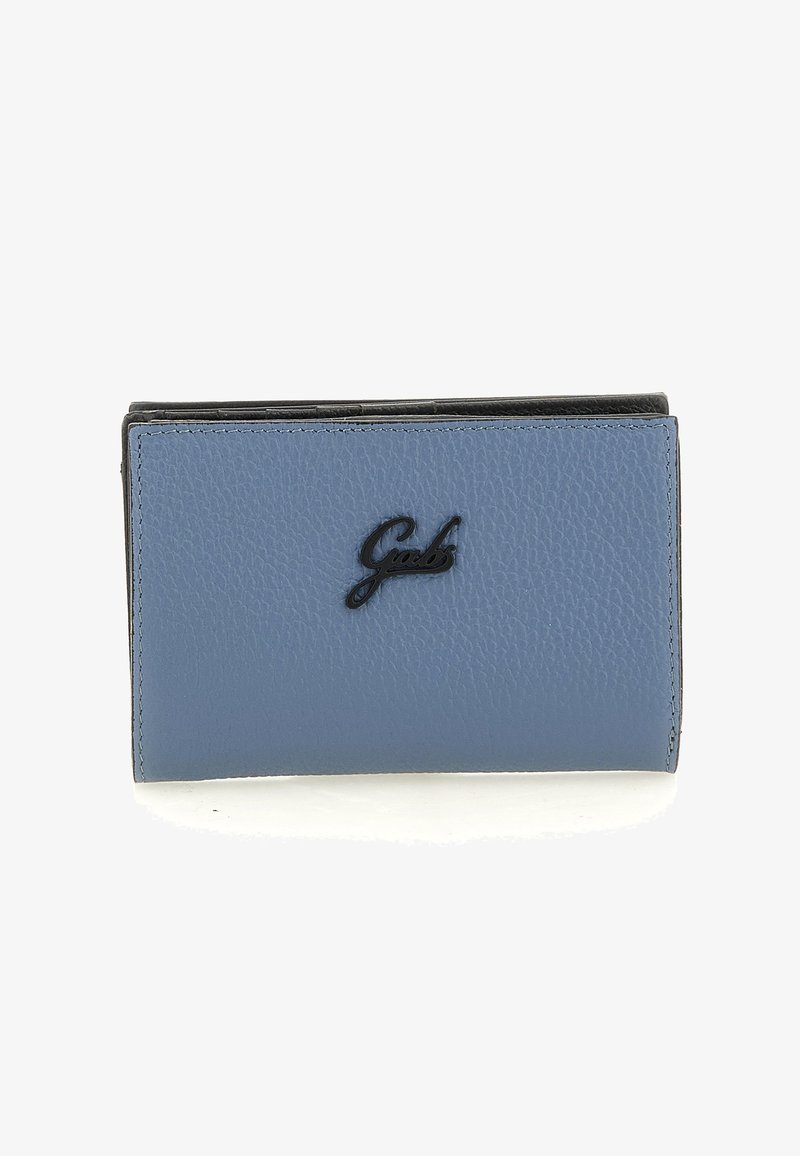 Portafoglio in pelle blu con finitura testurizzata; presenta un logo nero sul davanti; forma rettangolare compatta; bordi cuciti; nessuna ferramenta visibile.