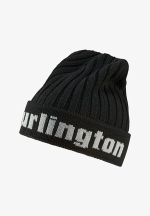 Gebreide zwarte beanie met een ribbelstructuur en een omgeslagen rand, waarop het woord "Burlington" in contrasterende witte letters staat.
