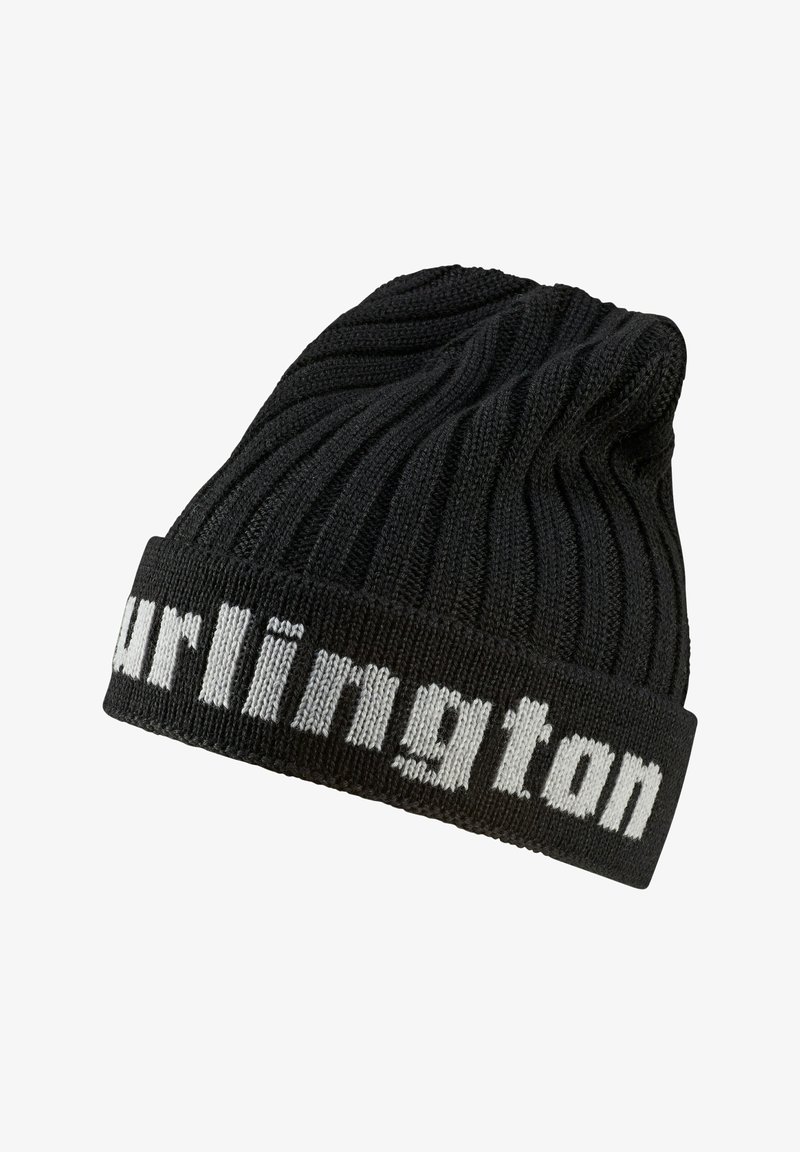 Bonnet noir tricoté avec une texture côtelée et un revers présentant le mot "Burlington" en lettres blanches contrastantes.