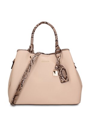 Beige handtas met getextureerde handgrepen met slangenprint, afneembare schouderriem en bijpassend label met goudkleurig slotdetail.