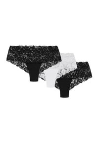 Set di tre lingerie in pizzo: paia nera e bianca con morbidi bordi in pizzo e basi in tessuto solidi. Presenta intricati motivi e bordi in pizzo.
