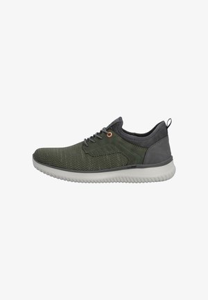 Dunkelgrüne Sportschuhe mit Schnürung aus Mesh und grauen Lederakzenten. Verfügt über eine helle Sohle und strukturierten Stoff für Atmungsaktivität.