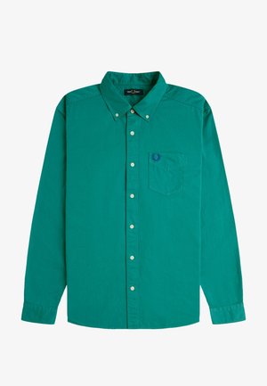 Türkisfarbenes Hemd mit langen Ärmeln und Knopfleiste, mit einer Brusttasche, die ein kleines gesticktes Logo und einen Button-Down-Kragen aufweist.