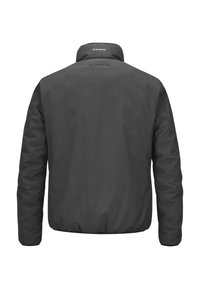 Graue Daunenjacke mit rundem Kragen, subtiler Textur und elastischen Bündchen. Die Rückseite verfügt über ein Logo am Halsbereich und eine taillierte Silhouette.