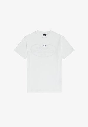 T-shirt en coton blanc à manches courtes. Présente un graphique ovale central avec le texte "New Era" en bleu foncé. Coupe simple et classique.