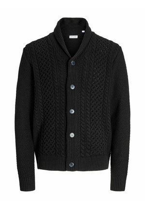 Schwarze Strickjacke mit Schalkragen, Zopfstrickdesign, gerippten Bündchen und Knopfverschluss mit vier dunkel gefärbten Knöpfen.
