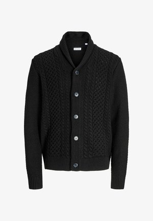 Cardigan noir en tricot doté d'un col châle, d'un motif en maille torsadée, de poignets côtelés et d'une fermeture à boutons avec quatre boutons sombres.