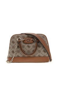 Borsa a tracolla in finta pelle marrone con un motivo a logo in rilievo beige. Caratterizzata da una maniglia a catena e da una tracolla regolabile.