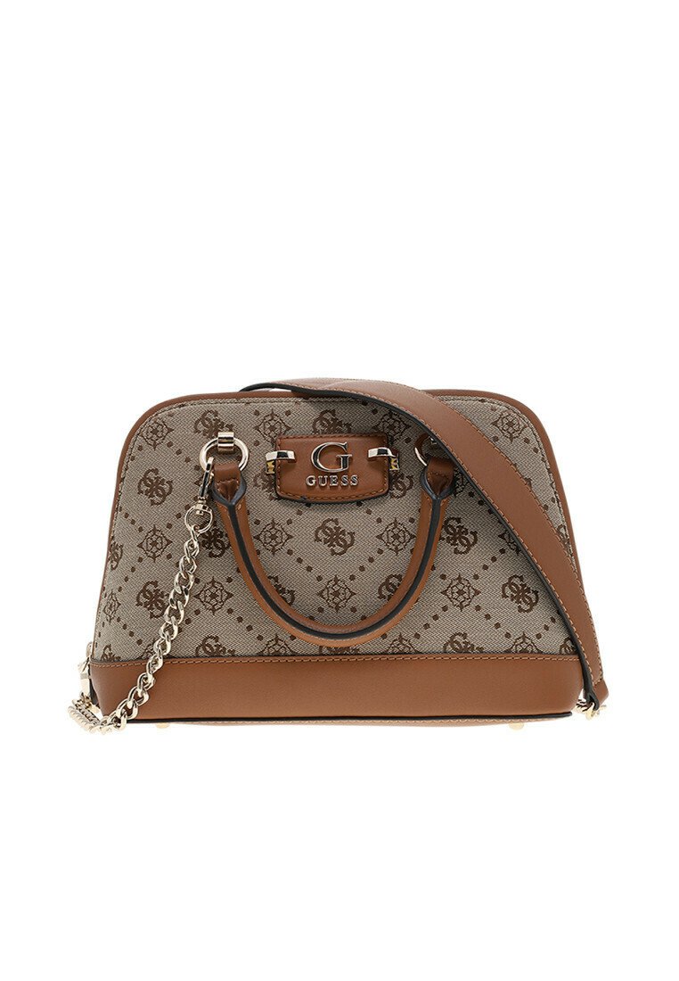 Borsa a tracolla in finta pelle marrone con un motivo a logo in rilievo beige. Caratterizzata da una maniglia a catena e da una tracolla regolabile.