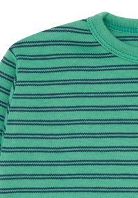 Grüner und marineblauer gestreifter Pullover mit Rundhalsausschnitt. Verfügt über eine gerippte Struktur und Strickstoff. Die Streifen sind gleichmäßig verteilt und haben eine einheitliche Breite.