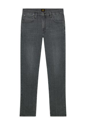 Σκούρες γκρι τζιν με ίσια γραμμή και εμπρόσθιες τσέπες, θηλιές για ζώνη και κούμπωμα με κουμπί, με μια μικρή μαύρη και κίτρινη ετικέτα.