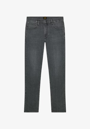 Tamnosive ravne traperice s prednjim džepovima, petljama za remen i kopčanjem na gumb, označene malom crno-žutom oznakom.