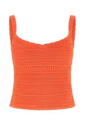 Jaskrawy pomarańczowy dziergany top na ramiączkach z pofalowanymi krawędziami i poziomymi teksturowanymi wzorami, z szerokimi ramiączkami.