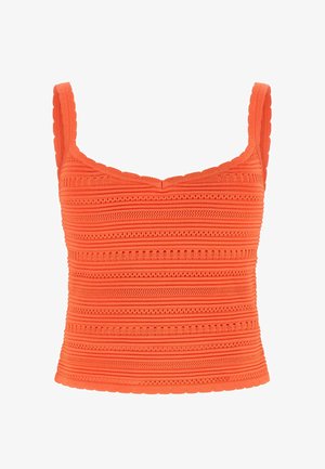 Jaskrawy pomarańczowy dziergany top na ramiączkach z pofalowanymi krawędziami i poziomymi teksturowanymi wzorami, z szerokimi ramiączkami.