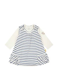 Gestreiftes Kleid in Weiß und Marineblau, mit Rüsche am Saum, Druckknopf an der Schulter und einem Bären-Patch am Ärmeln. Aus weichem Baumwollstoff.